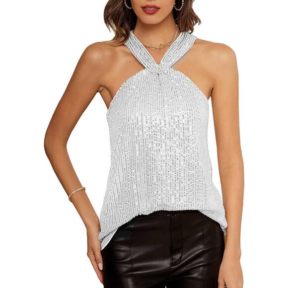 NEW GRACE KARIN Sequin Sparkle Tank Tops Halter Neck Knot Silver Size Small - Picture 2 of 14